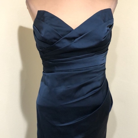 Azazie Maxi Dress Size 8 Navy Blue Strapless Pleated Gown - Picture 3 of 9